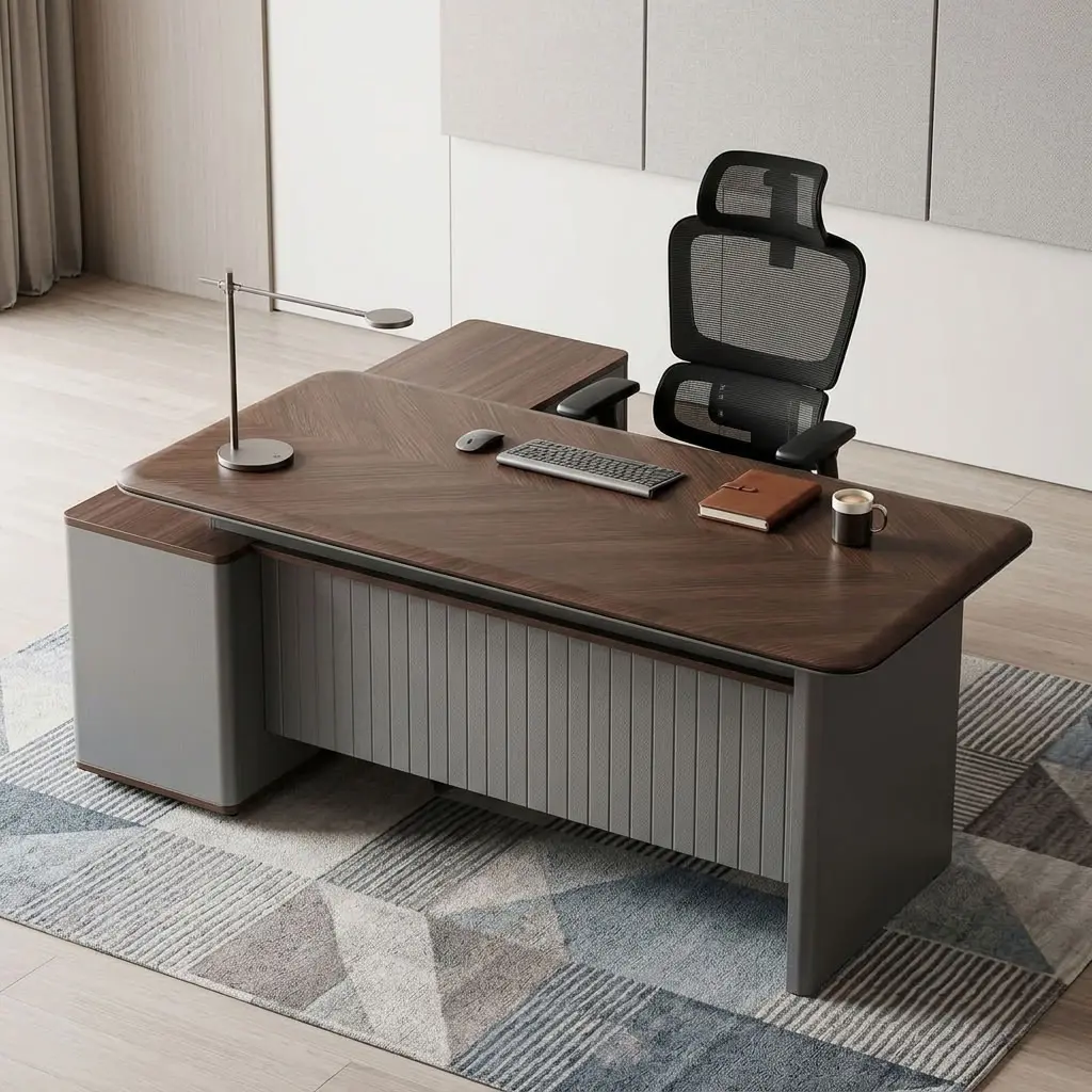 A 1.8m Fluted Modesty Executive Desk featuring a walnut wood top, an integrated side return cabinet, a grey fluted modesty panel, and built-in desktop tech ports.