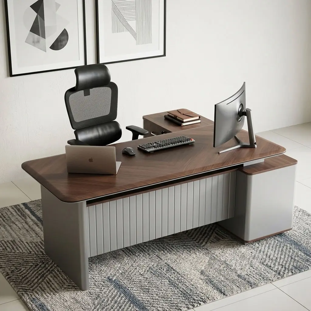 A 1.8m Fluted Modesty Executive Desk featuring a walnut wood top, an integrated side return cabinet, a grey fluted modesty panel, and built-in desktop tech ports.