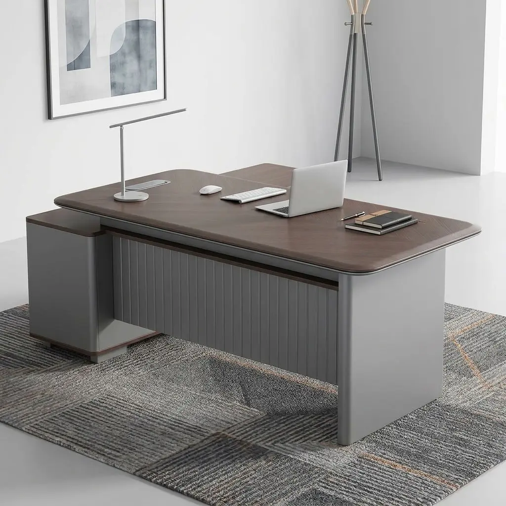 A 1.8m Fluted Modesty Executive Desk featuring a walnut wood top, an integrated side return cabinet, a grey fluted modesty panel, and built-in desktop tech ports.