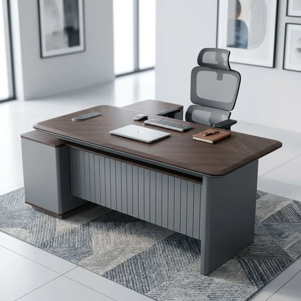 A 1.8m Fluted Modesty Executive Desk featuring a walnut wood top, an integrated side return cabinet, a grey fluted modesty panel, and built-in desktop tech ports.
