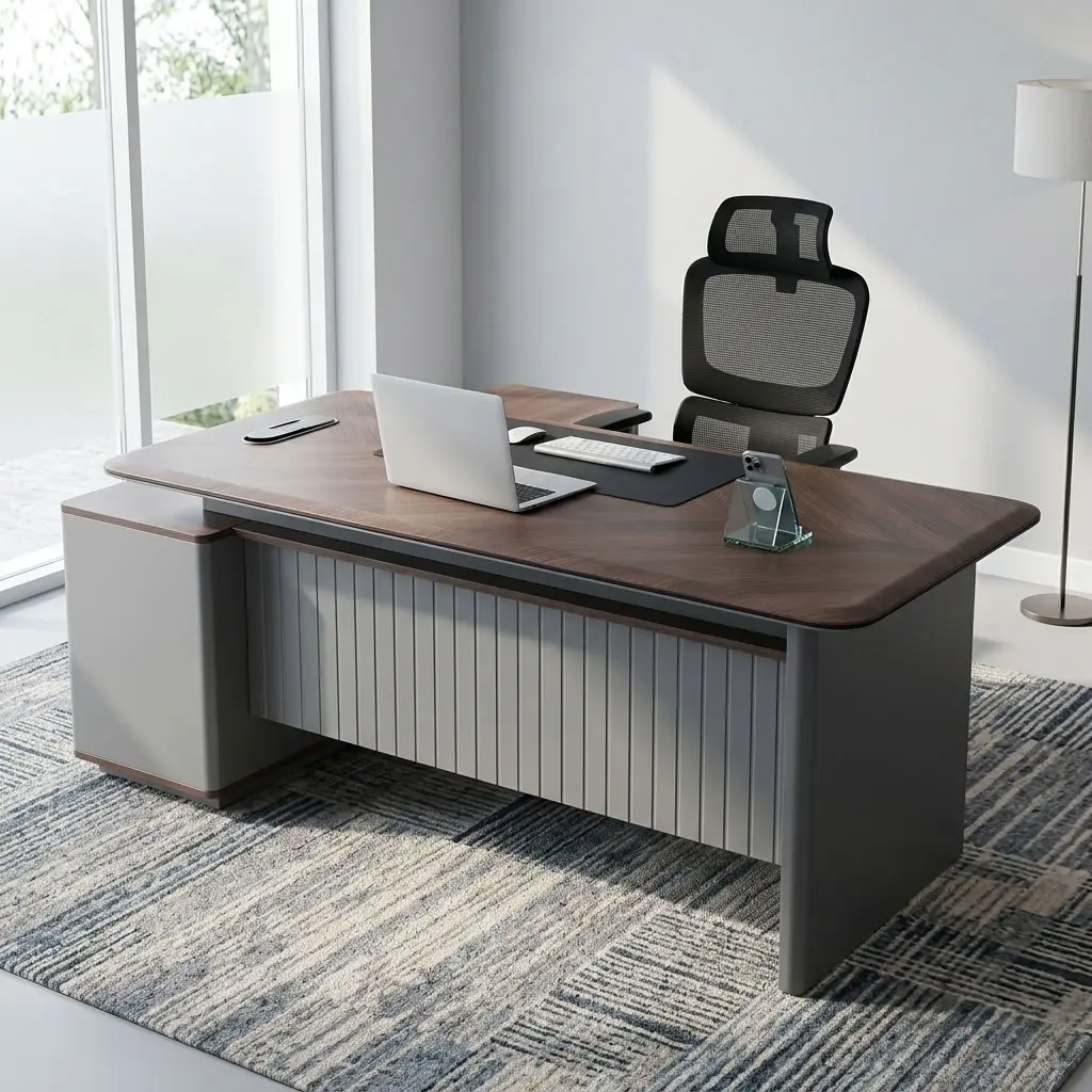 A 1.8m Fluted Modesty Executive Desk featuring a walnut wood top, an integrated side return cabinet, a grey fluted modesty panel, and built-in desktop tech ports.