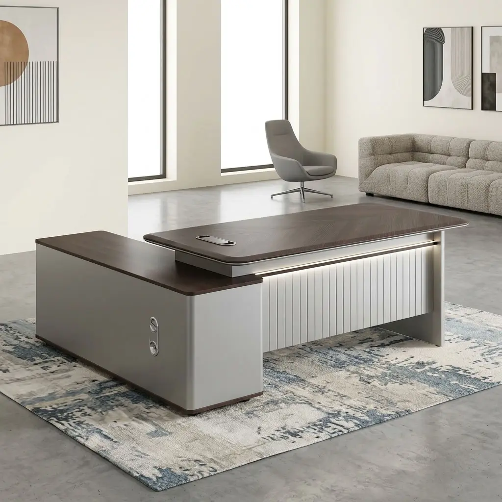 A 1.8m Fluted Modesty Executive Desk featuring a walnut wood top, an integrated side return cabinet, a grey fluted modesty panel, and built-in desktop tech ports.