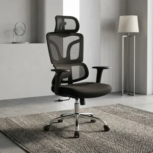 An Ergonomic Swivel Mesh Chair in black featuring an adjustable headrest, contoured backrest, padded seat cushion, and a polished chrome 5-star base.