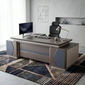A 2400mm L-Shaped Executive Corner Desk featuring a grey wood grain floating desktop, decorative criss-cross quilted panels, and a large side return storage unit.