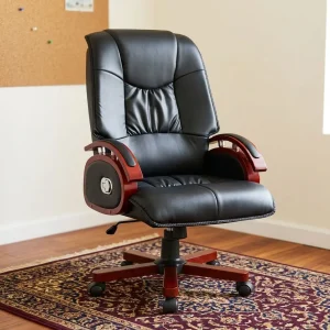 An executive Reclining Office Chair Wooden Armrests featuring black ruched leather, mahogany-finished wood trim, and a matching wood-capped 5-star base.