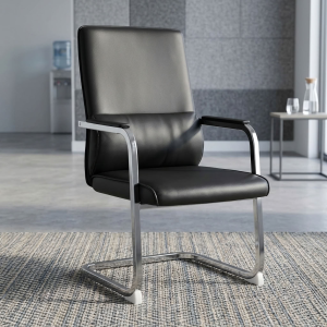 A Premium Leather Conference Chair featuring mid-back black leather upholstery, padded armrests, and a sleek chrome cantilever U-shaped base.