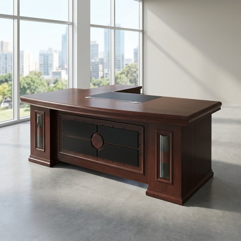 2.0m dark walnut executive office desk with movable side return and mobile pedestal