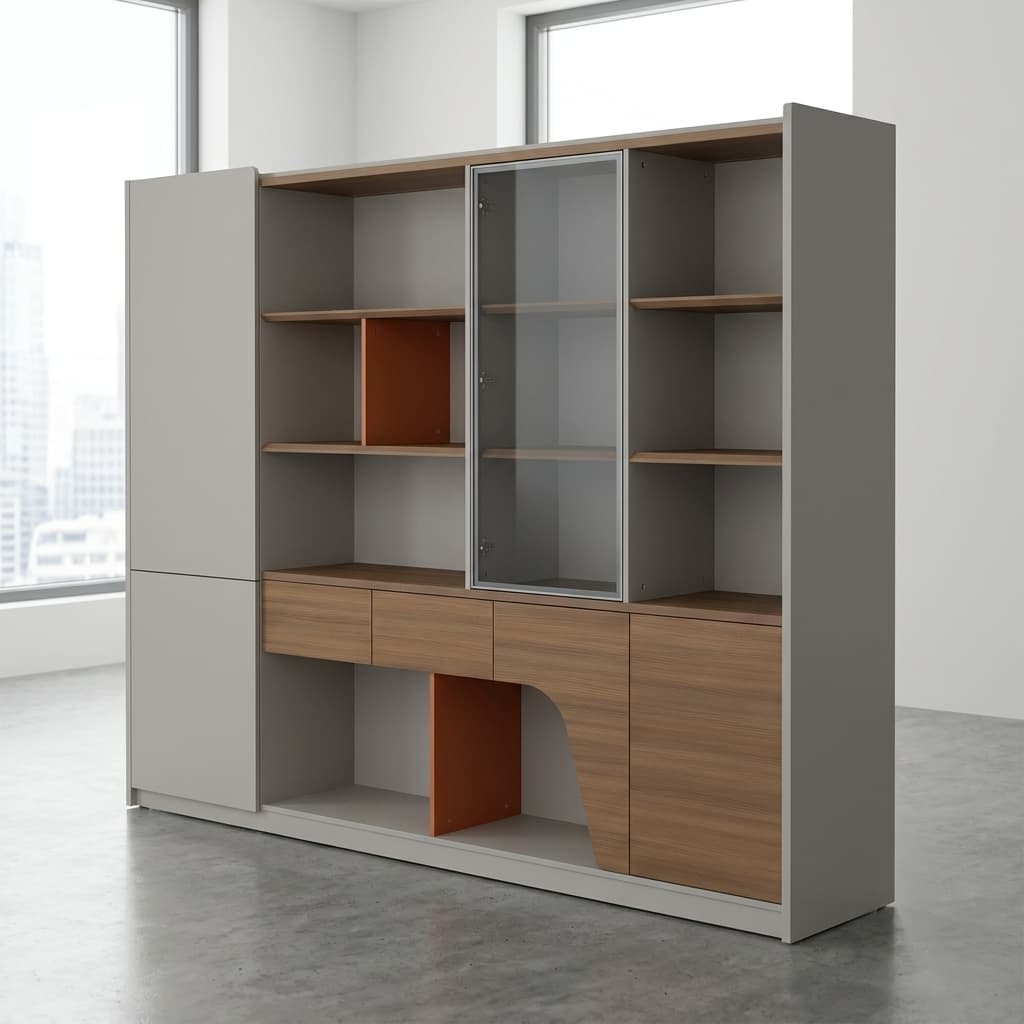 Director's office wooden cabinet with glass display, drawers, open shelves, and lockable storage