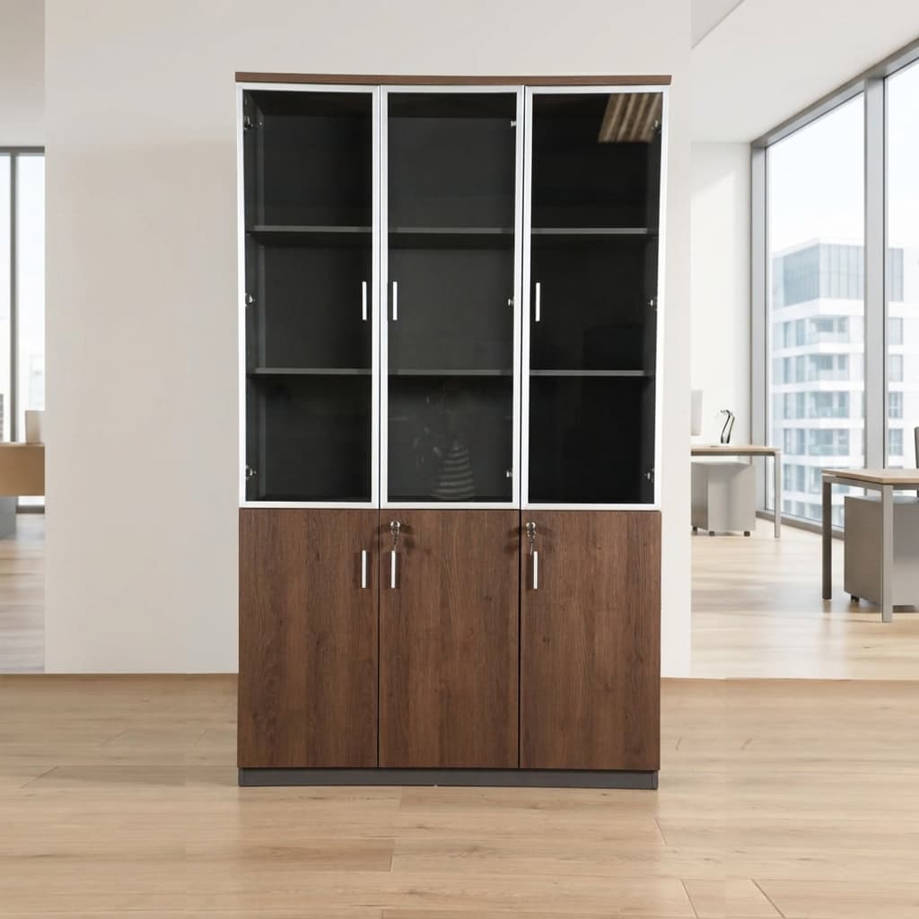 Full-height glass display cabinet with lockable glass doors and multiple storage shelves