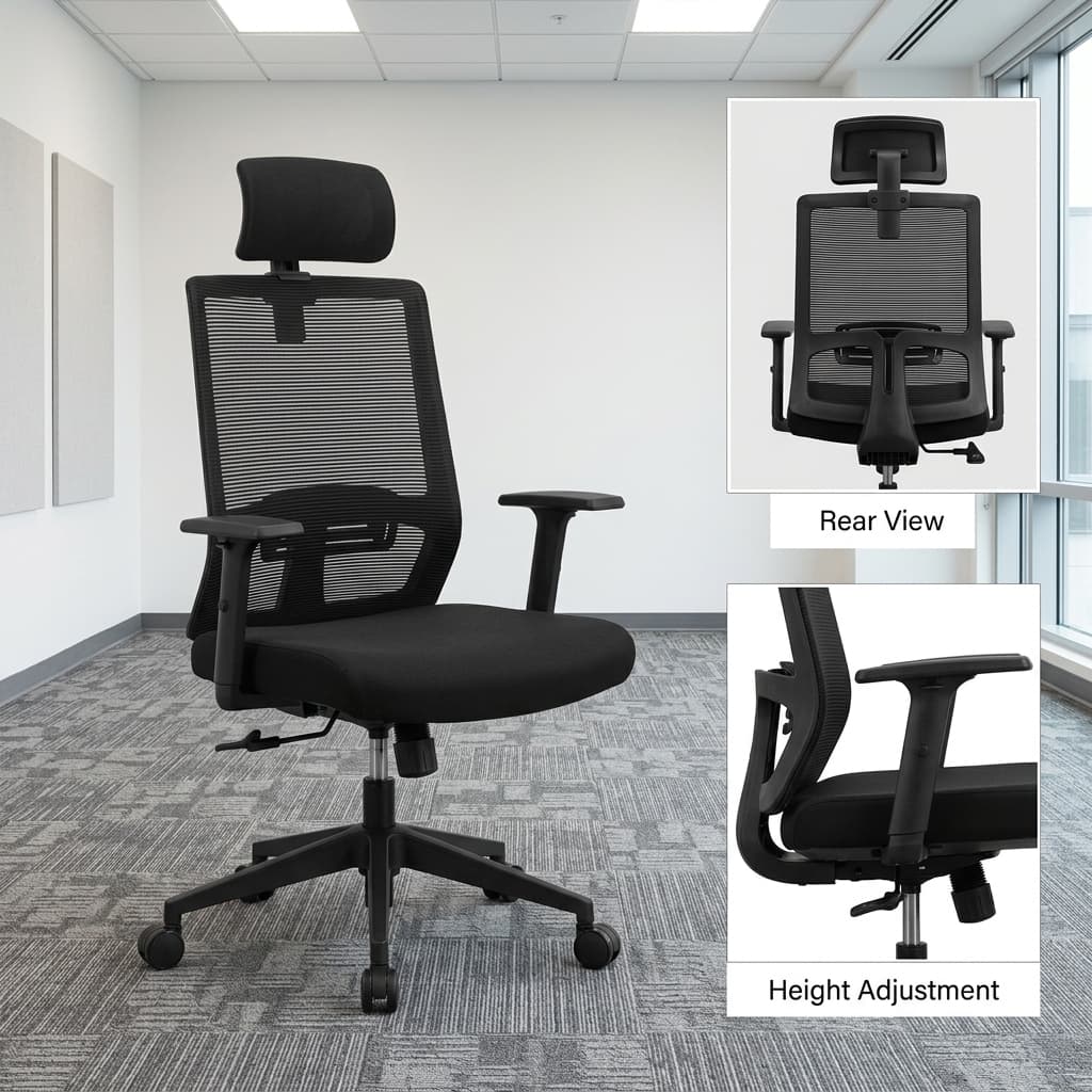 High-Back Staff Office Seat with adjustable headrest, mesh back, adjustable armrests, padded seat and reclining function for modern offices.