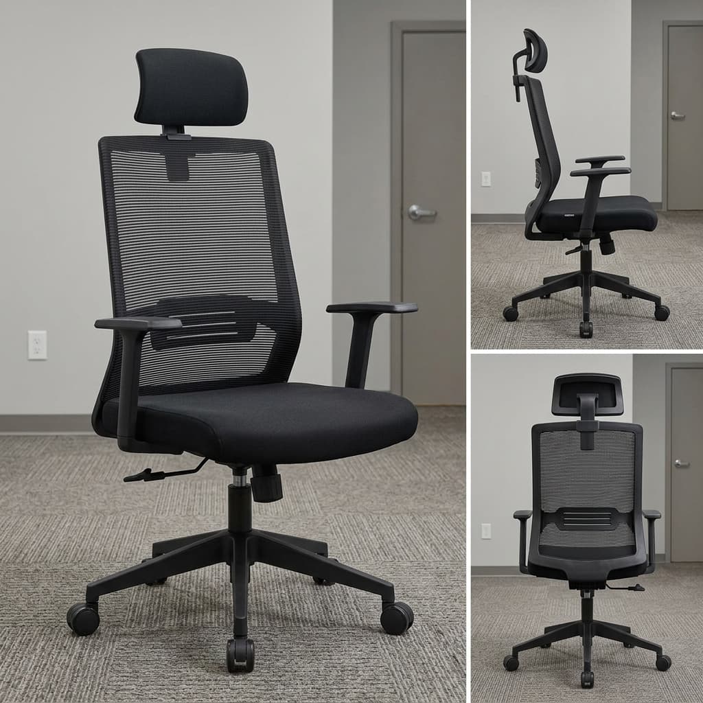 High-Back Staff Office Seat with adjustable headrest, mesh back, adjustable armrests, padded seat and reclining function for modern offices.