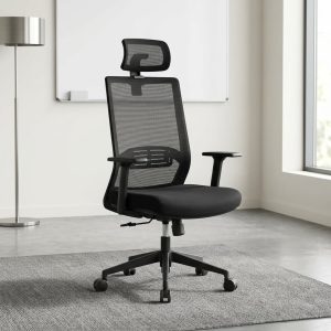 High-Back Staff Office Seat with adjustable headrest, mesh back, adjustable armrests, padded seat and reclining function for modern offices.