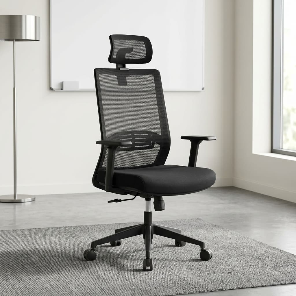 High-Back Staff Office Seat with adjustable headrest, mesh back, adjustable armrests, padded seat and reclining function for modern offices.