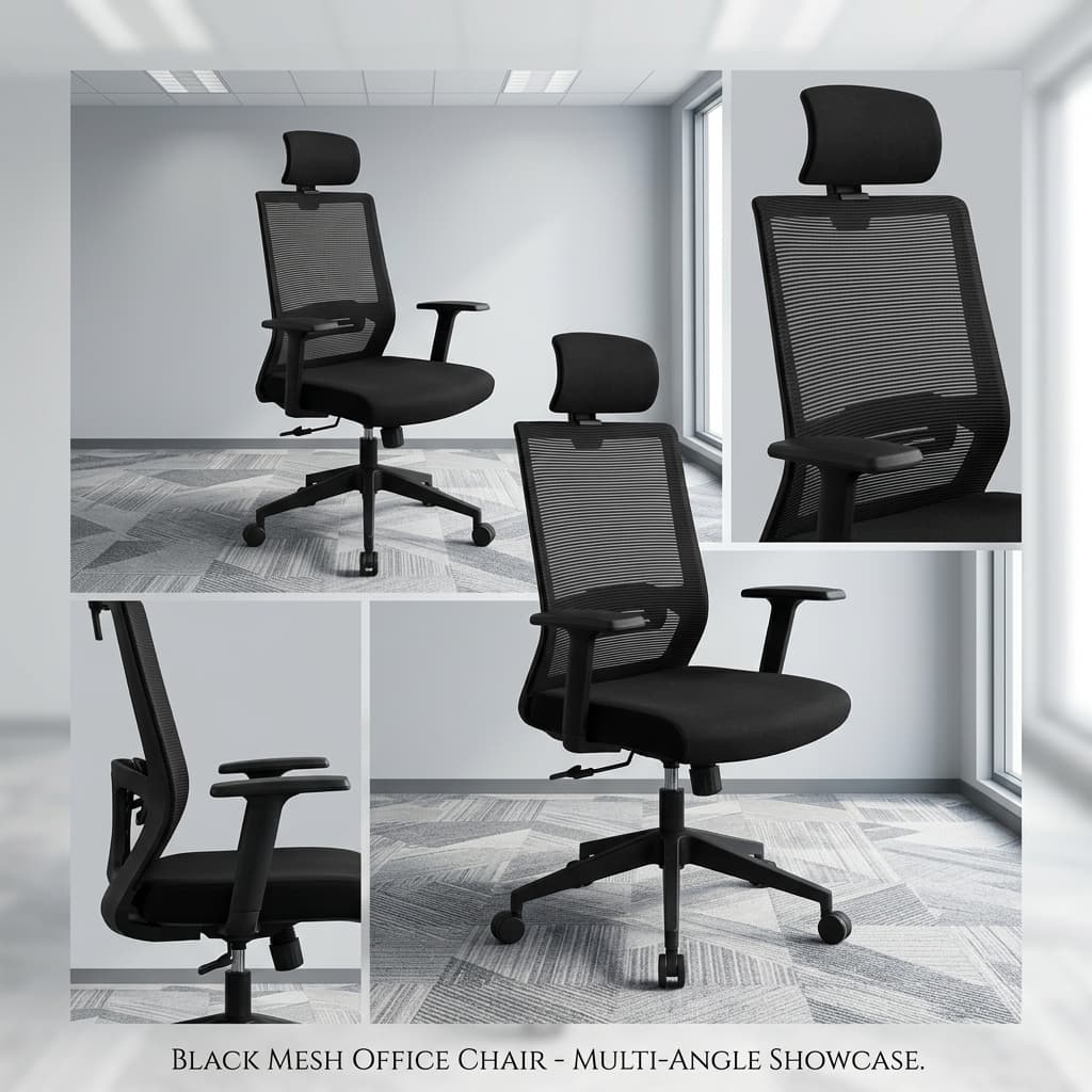 High-Back Staff Office Seat with adjustable headrest, mesh back, adjustable armrests, padded seat and reclining function for modern offices.