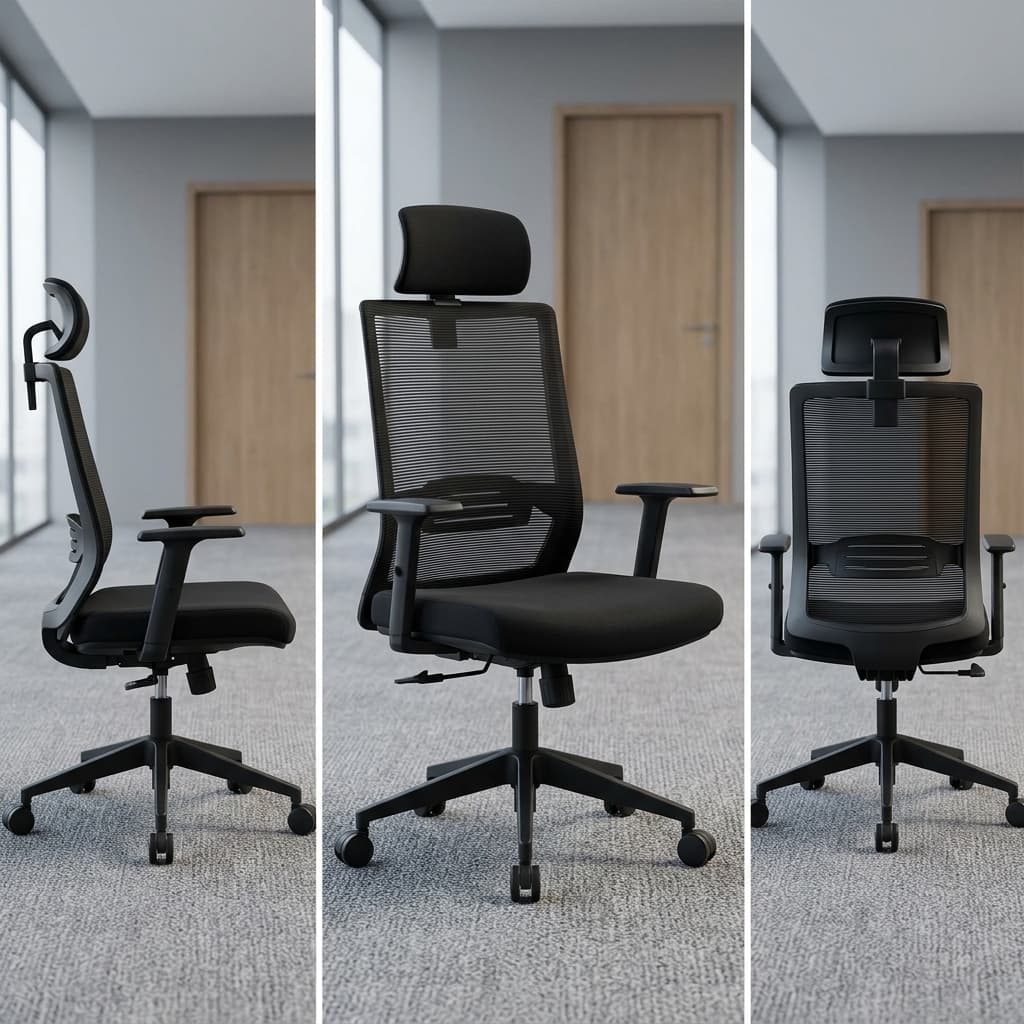 High-Back Staff Office Seat with adjustable headrest, mesh back, adjustable armrests, padded seat and reclining function for modern offices.