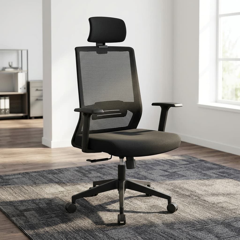 High-Back Staff Office Seat with adjustable headrest, mesh back, adjustable armrests, padded seat and reclining function for modern offices.