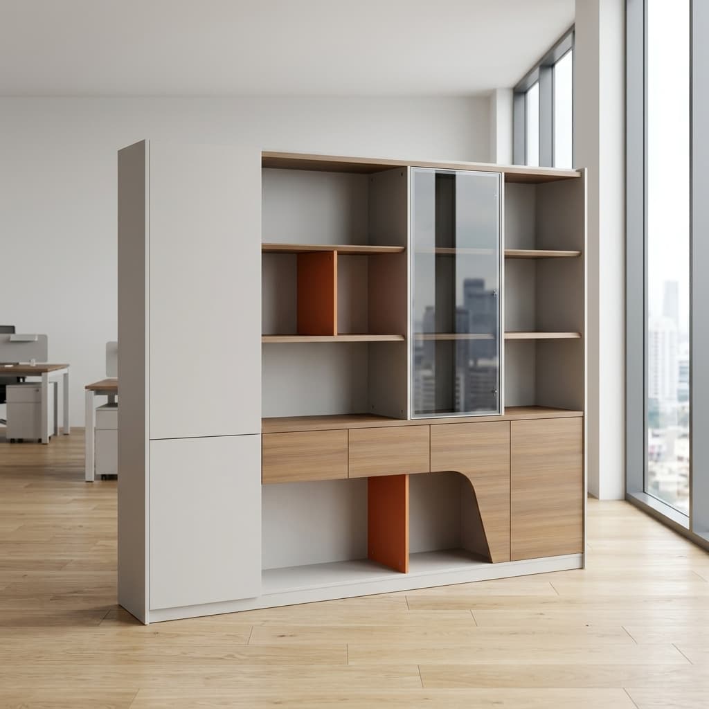 Director's office wooden cabinet with glass display, drawers, open shelves, and lockable storage