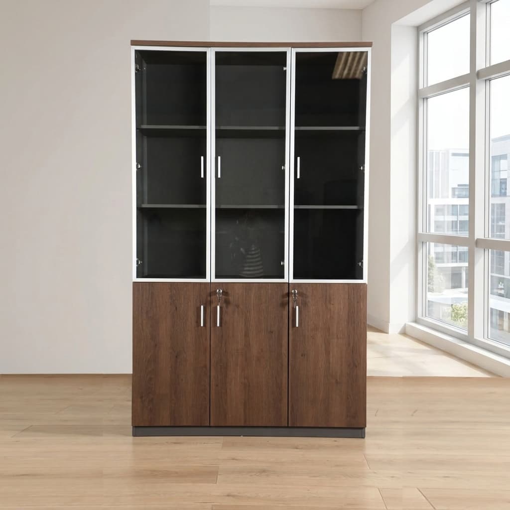 Full-height glass display cabinet with lockable glass doors and multiple storage shelves