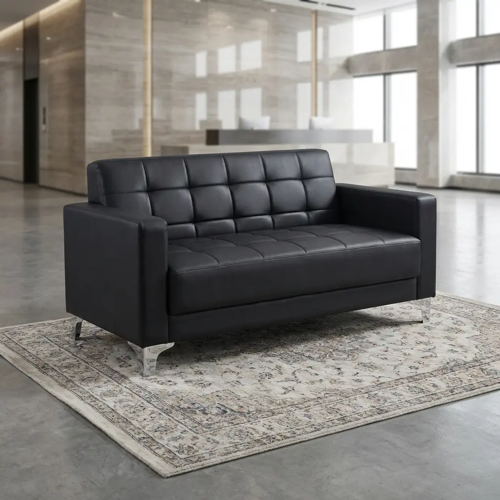 Executive 2-Seater Office Sofa with Tufted Black Upholstery