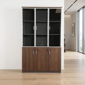Full-height glass display cabinet with lockable glass doors and multiple storage shelves