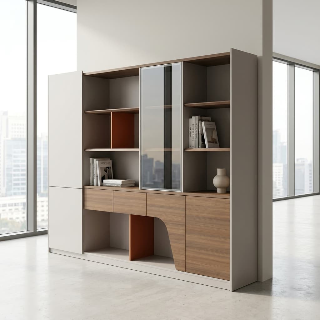 Director's office wooden cabinet with glass display, drawers, open shelves, and lockable storage