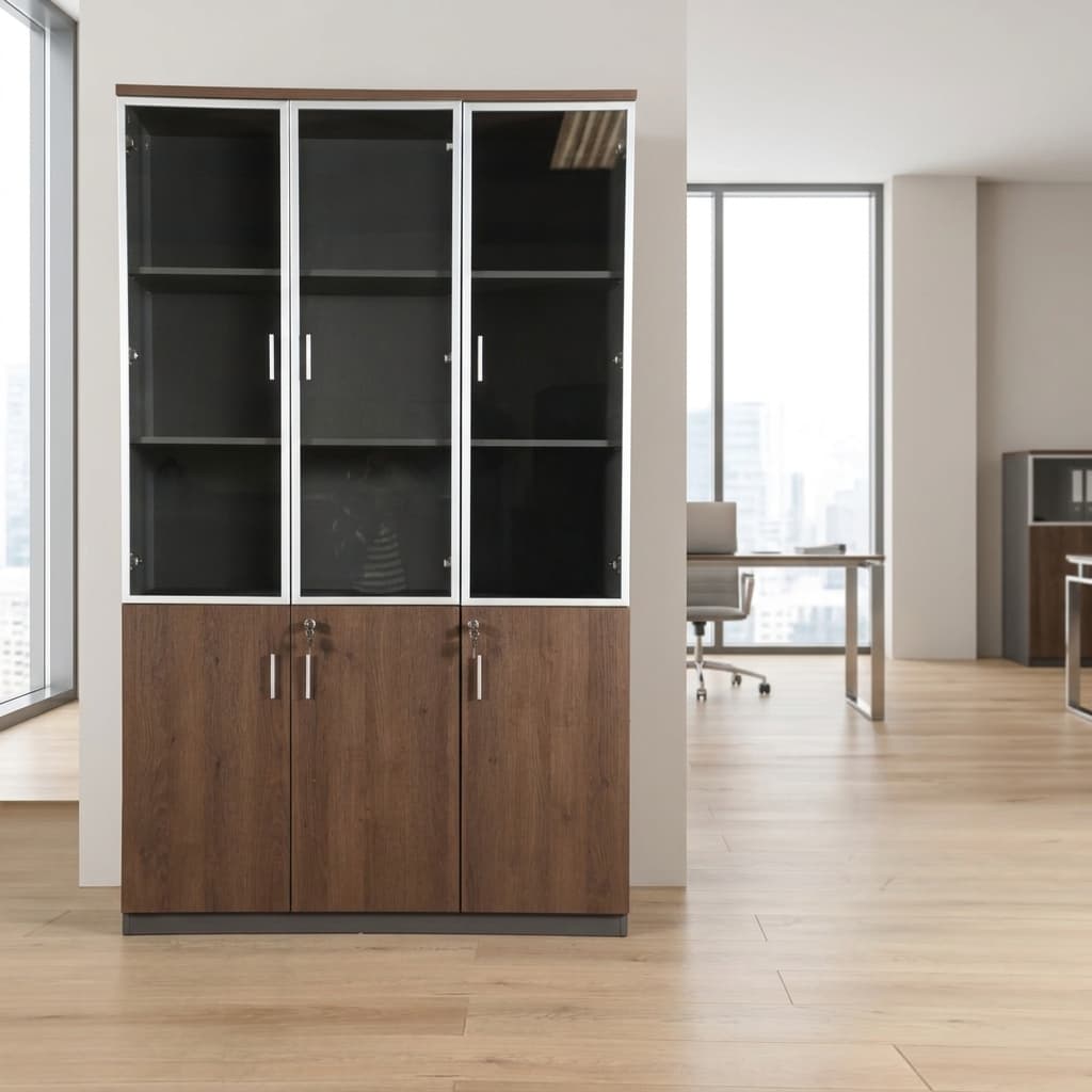 Full-height glass display cabinet with lockable glass doors and multiple storage shelves