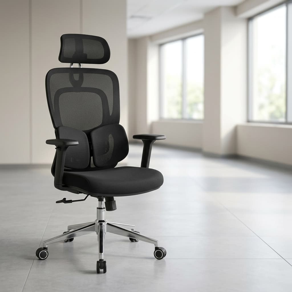 Adjustable Ergonomic Chair Tri-Fold Lumbar Series with mesh back and adjustable headrest