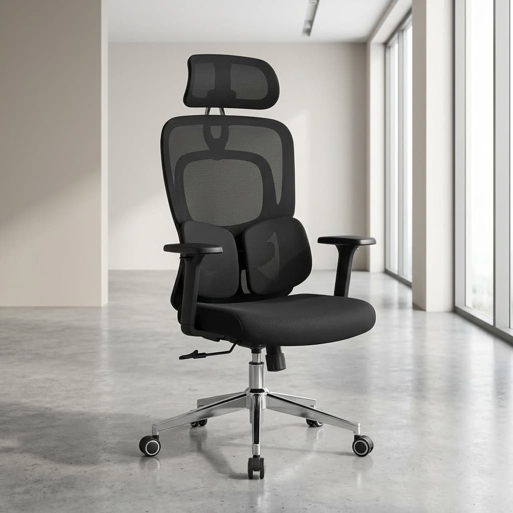 Adjustable Ergonomic Chair Tri-Fold Lumbar Series with mesh back and adjustable headrest