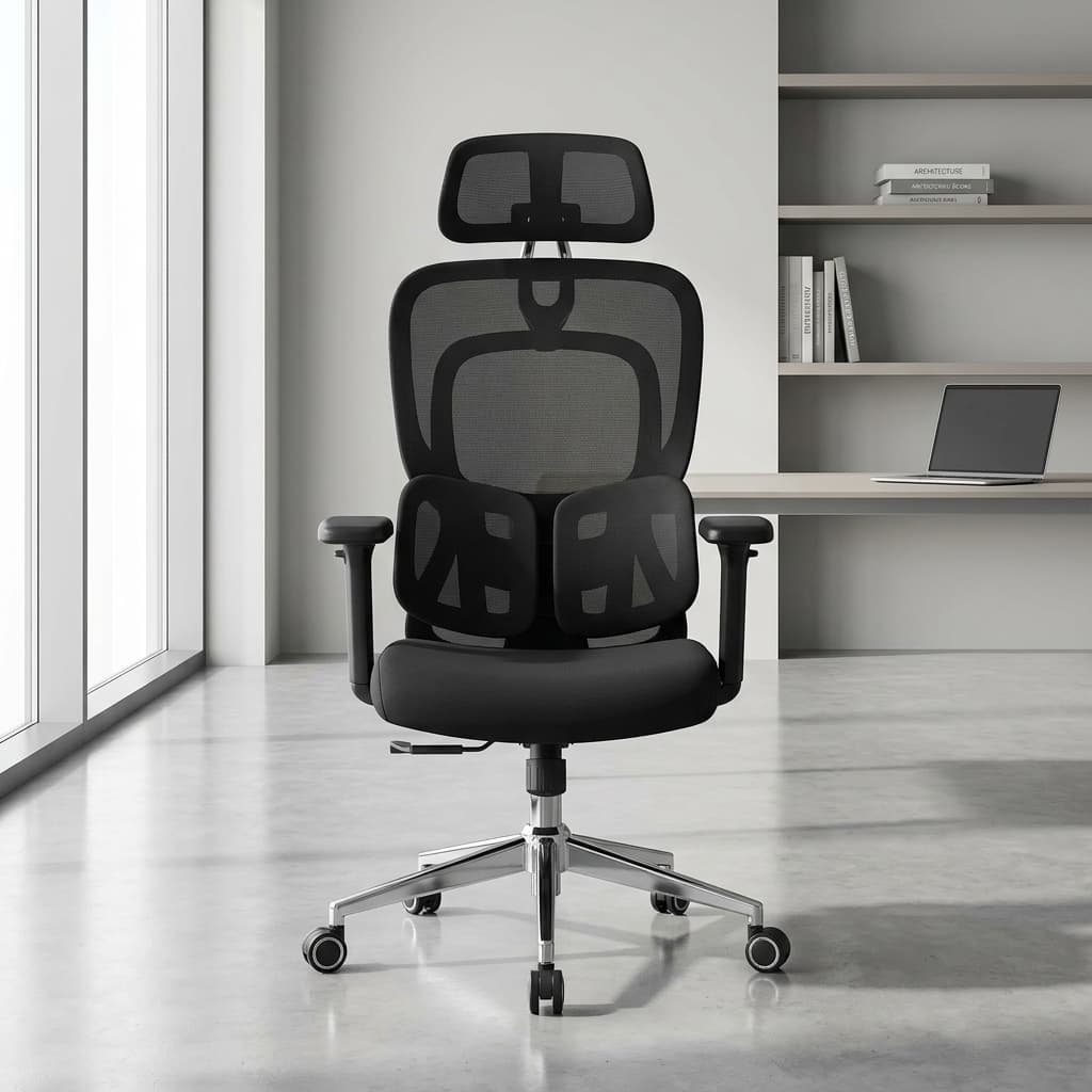 Adjustable Ergonomic Chair Tri-Fold Lumbar Series with mesh back and adjustable headrest