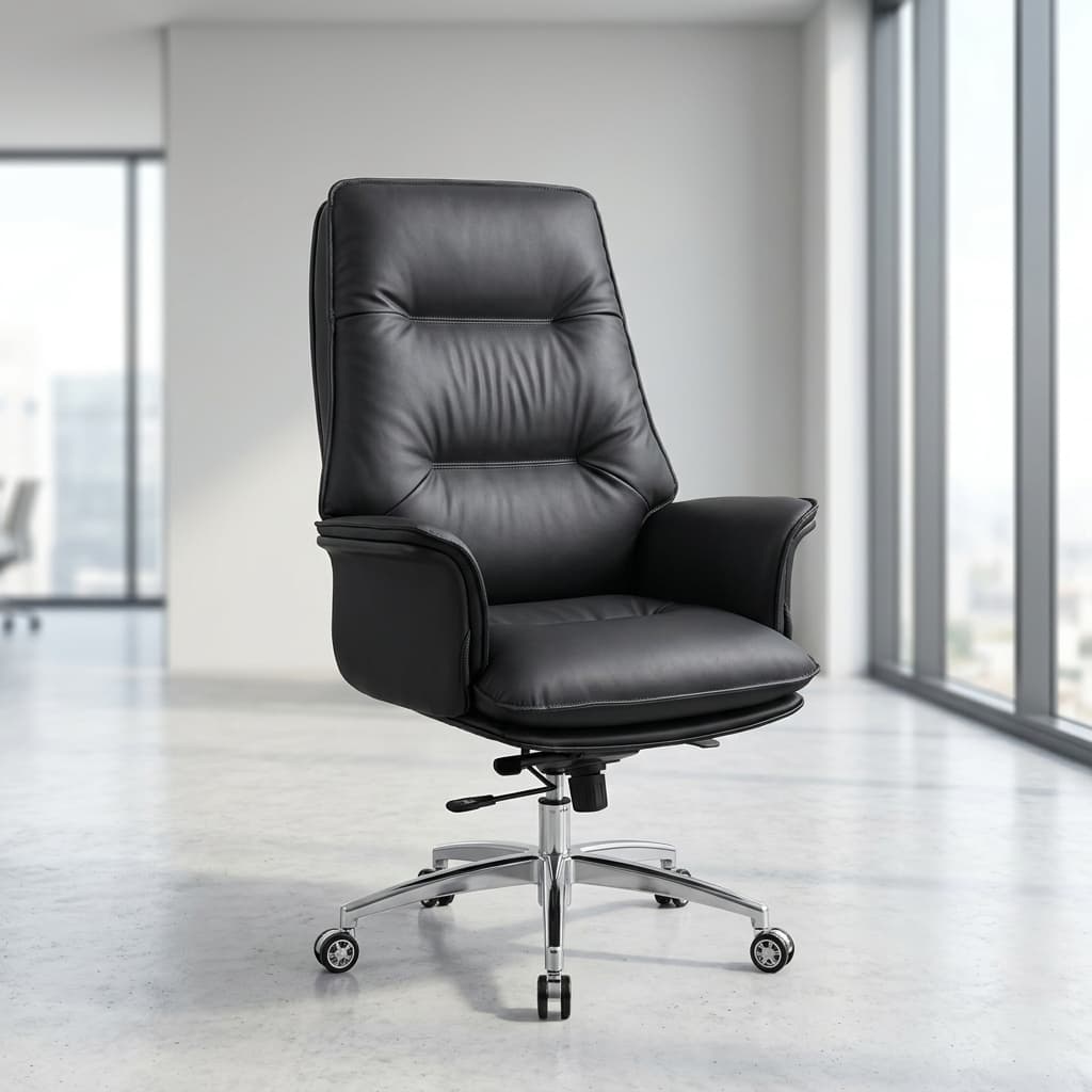 Executive CEO leather office chair with ergonomic high-back design and chrome base