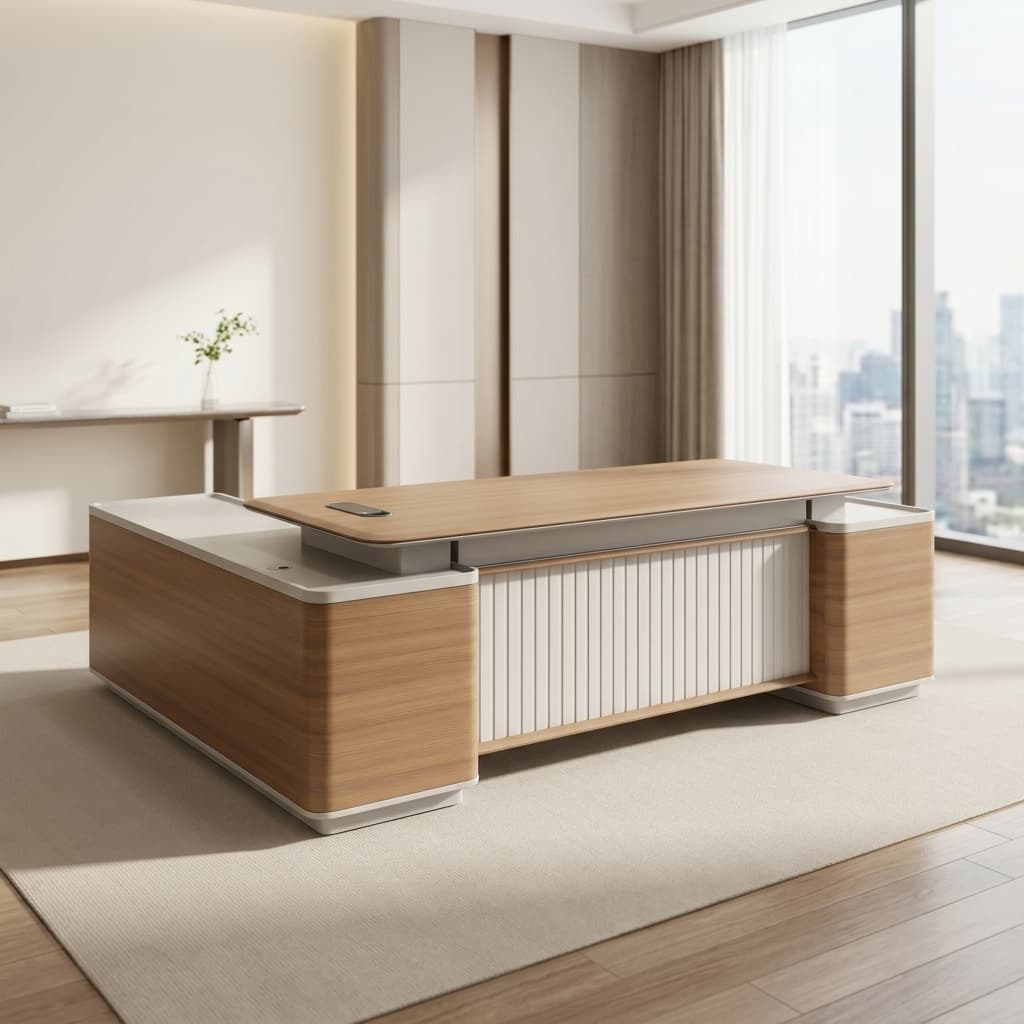 2.4M Executive Director Desk with side return, drawers, LED lighting, and wood-grain finish