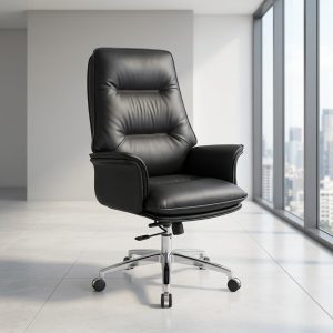 Executive CEO leather office chair with ergonomic high-back design and chrome base
