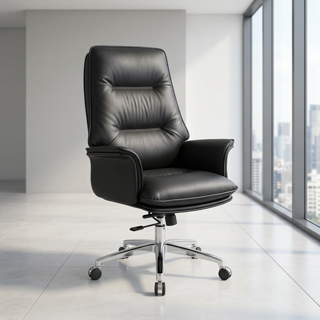 Executive CEO leather office chair with ergonomic high-back design and chrome base