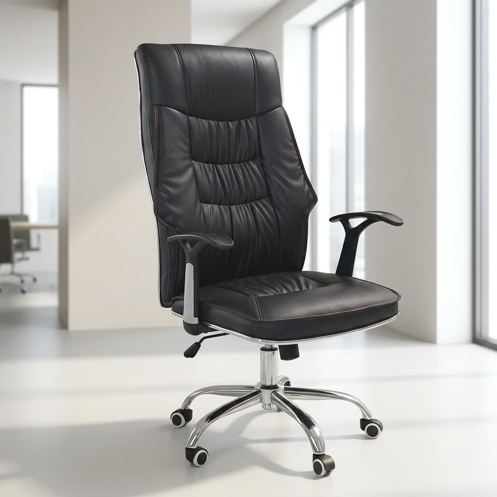 Ergonomic leather executive office chair with high back and chrome swivel base
