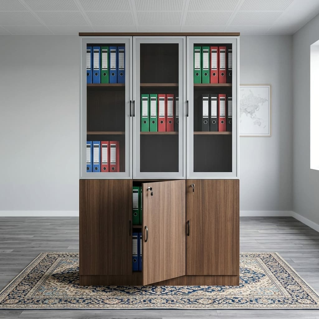 Full-Height Glass Display Cabinet with three glass doors, wooden storage compartments, shelves and lockable doors for office file storage.