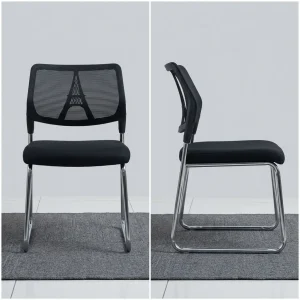 An Office Stackable Visitor Chair featuring a breathable black mesh back, a cushioned seat, and a durable chrome cantilever frame shown from front and side angles.