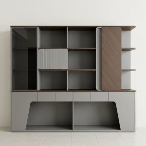 Onyx Executive Office Back Cabinet with LED lighting in Boya Wood Grain and Meteorite Grey finish