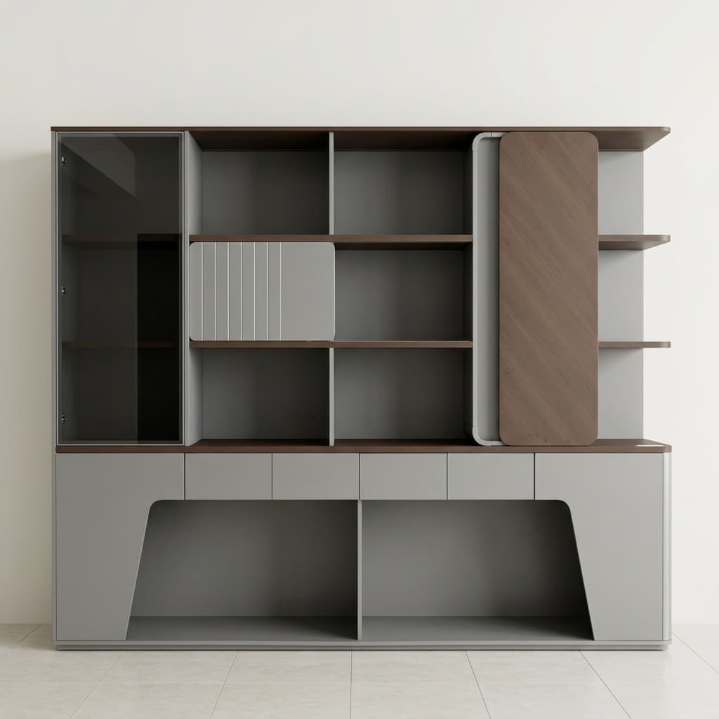Onyx Executive Office Back Cabinet with LED lighting in Boya Wood Grain and Meteorite Grey finish