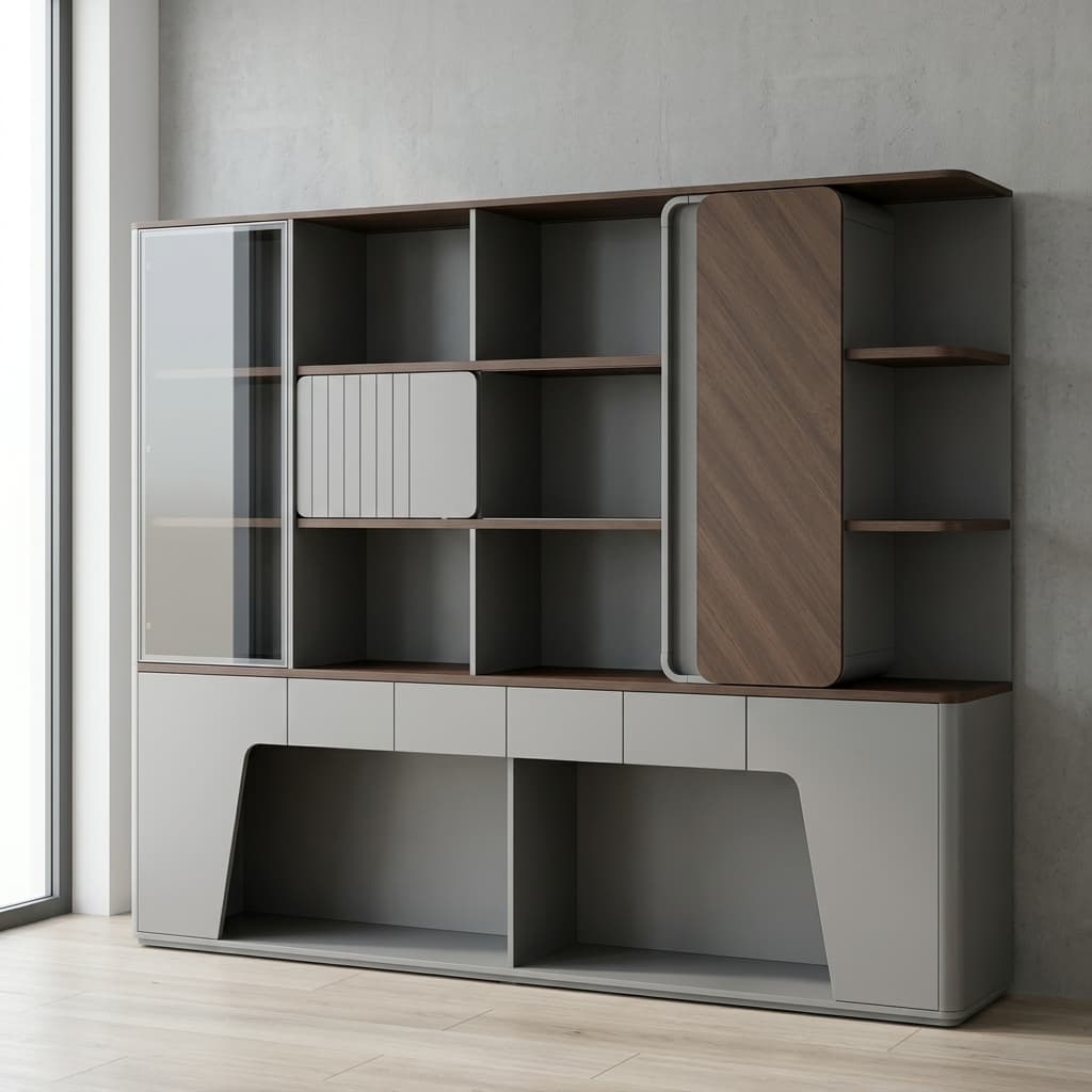 Onyx Executive Office Back Cabinet with LED lighting in Boya Wood Grain and Meteorite Grey finish