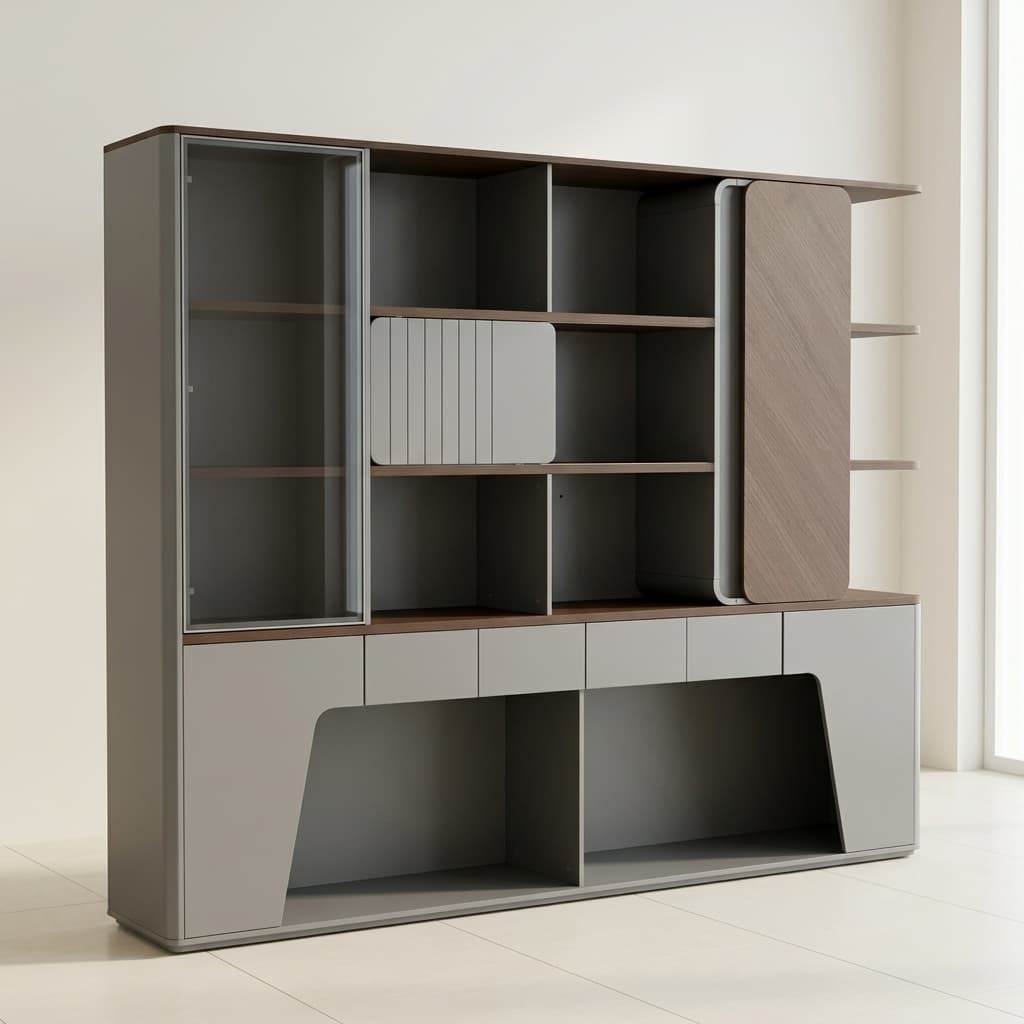 Onyx Executive Office Back Cabinet with LED lighting in Boya Wood Grain and Meteorite Grey finish