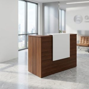 63 inch modern reception desk with transaction counter in teak and white finish