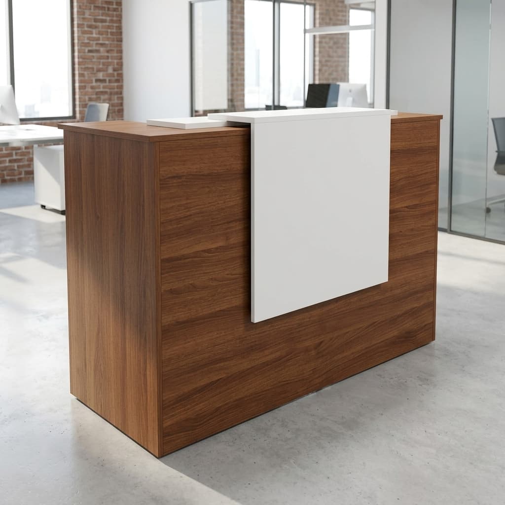 63 inch modern reception desk with transaction counter in teak and white finish
