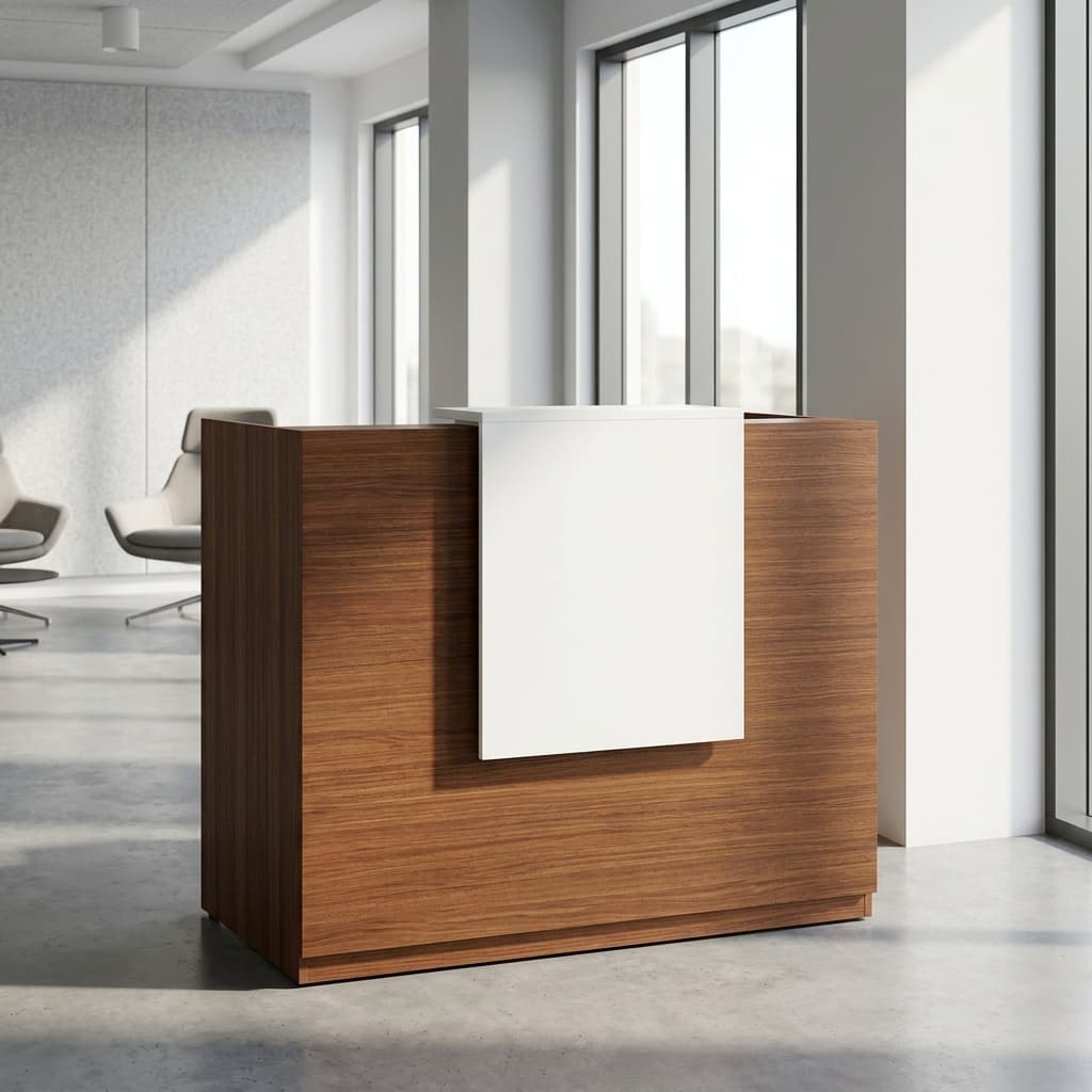 63 inch modern reception desk with transaction counter in teak and white finish