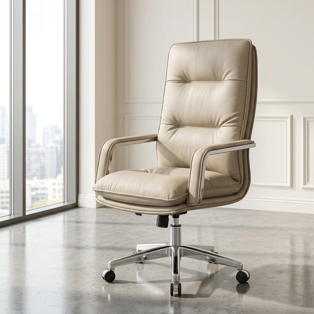 Oxy Cream Executive Chair with high back and polished metal base