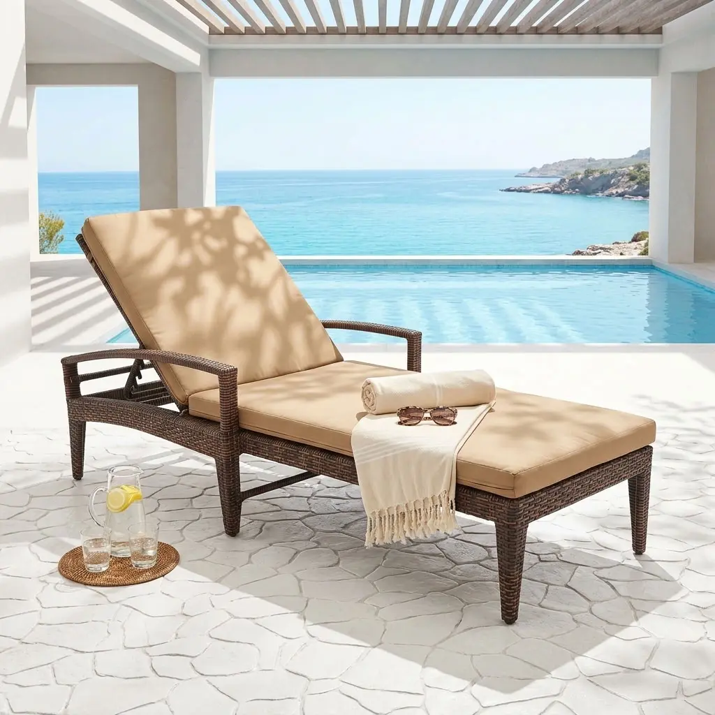 Rattan Poolside Sun Lounger with dark woven frame, full-length beige cushion, raised backrest and armrests for hotel and resort pool areas.