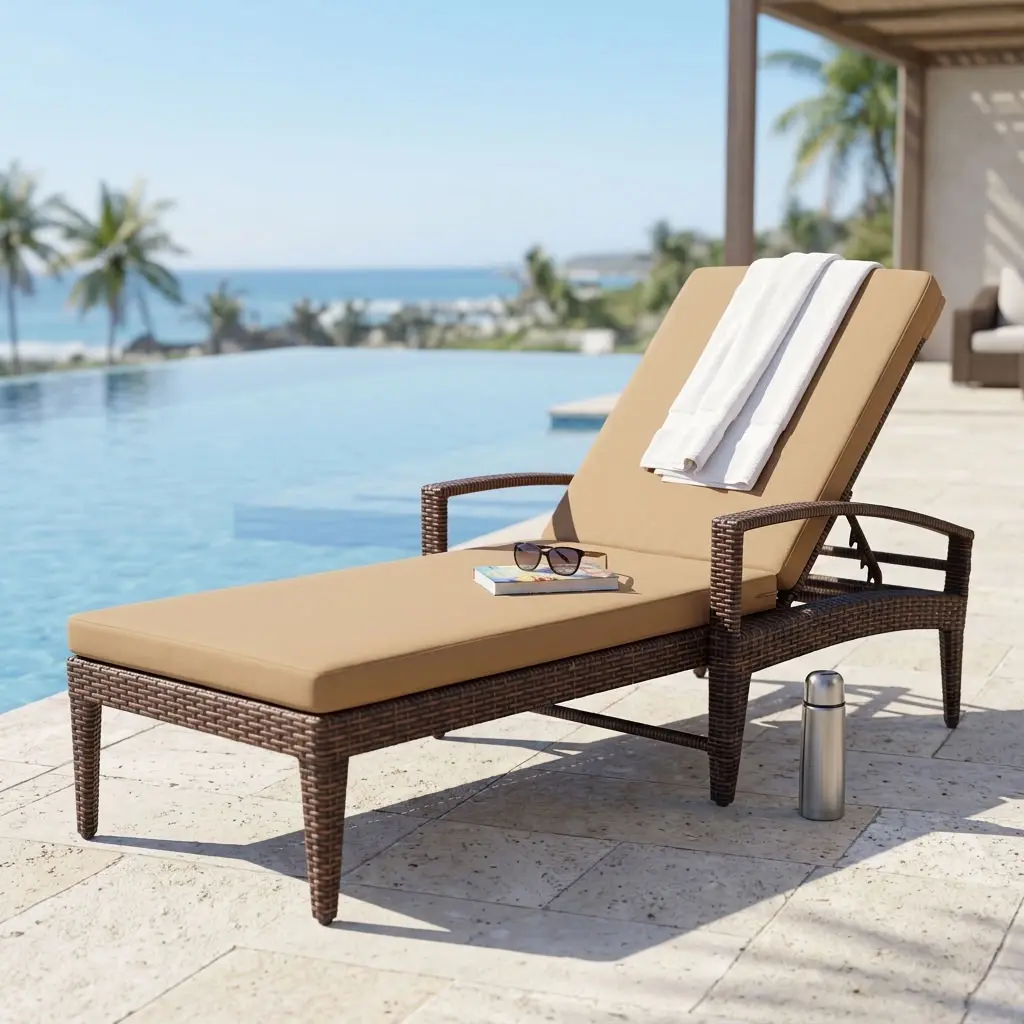 Rattan Poolside Sun Lounger with dark woven frame, full-length beige cushion, raised backrest and armrests for hotel and resort pool areas.