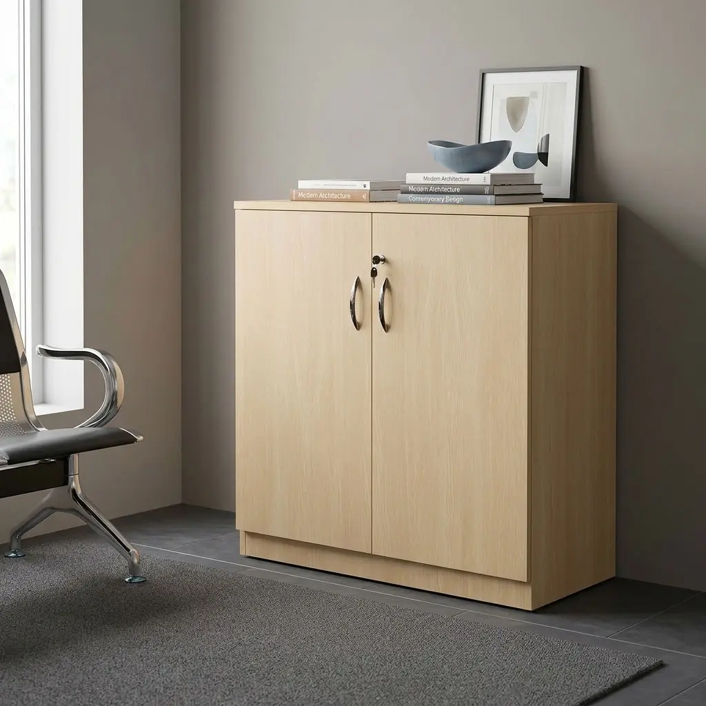 Wooden Office Credenza with light wood-look finish, two lockable doors, curved handles and internal shelves for professional office storage.