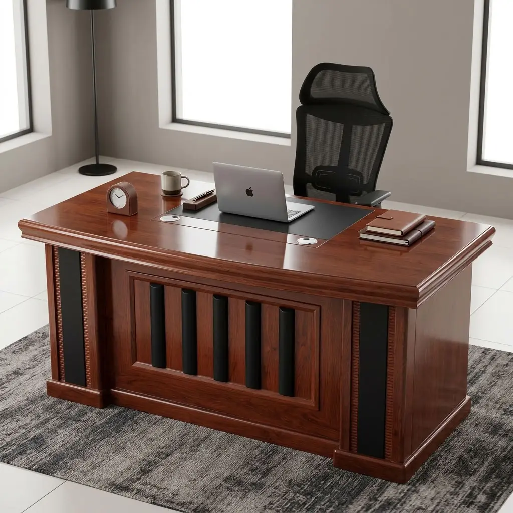 1.6M Director Office Desk with rich wood-look finish, spacious desktop, full modesty panel and contrasting dark decorative front detailing.