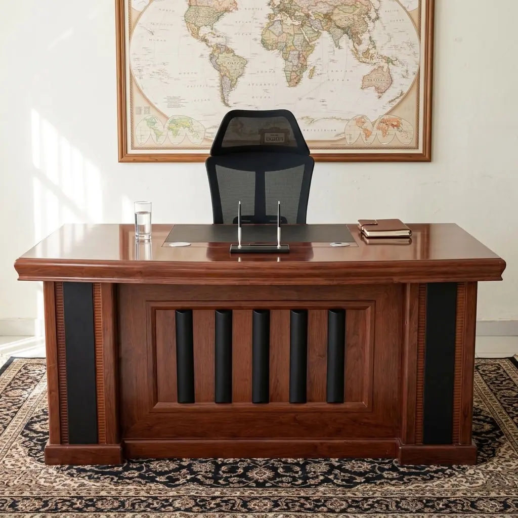 1.6M Director Office Desk with rich wood-look finish, spacious desktop, full modesty panel and contrasting dark decorative front detailing.