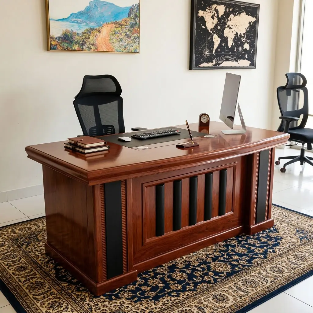 1.6M Director Office Desk with rich wood-look finish, spacious desktop, full modesty panel and contrasting dark decorative front detailing.